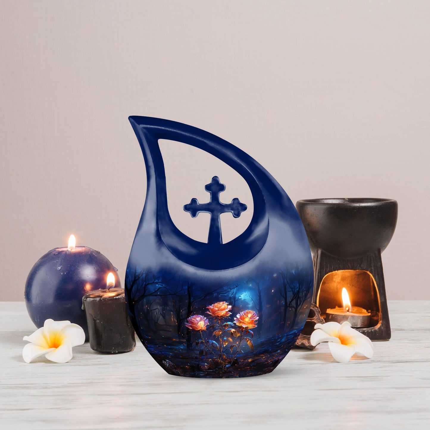 Rose themed Large Aluminium Cross Drop Design Urn for Ashes