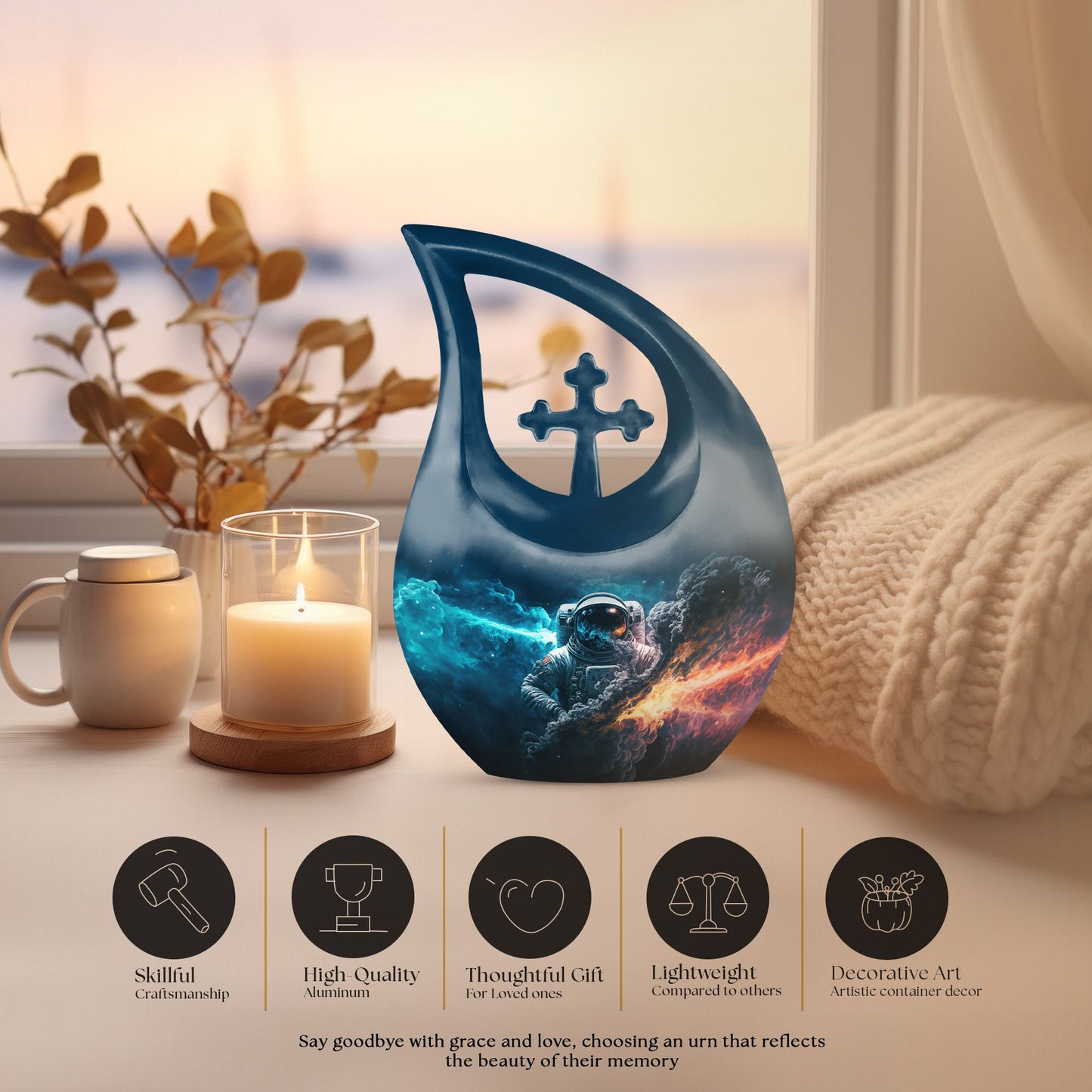 10-inch Astronaut Urn with Cross Drop design, comes 