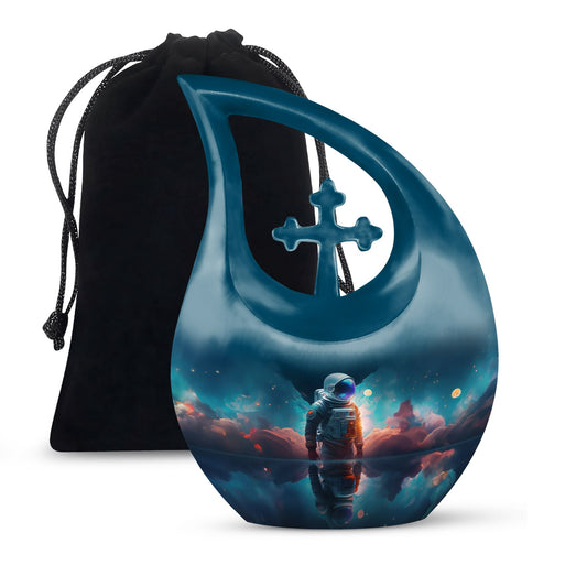 Astronaut Cross Drop 10 Inch Burial Urn, Aluminium Large Funeral Urn with Personalized Engraving, Capacity 200 cubic inches