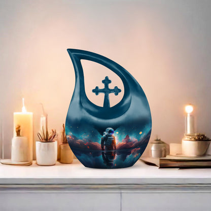 Astronaut Cross Drop 10 Inch Burial Urn, Aluminium Large Funeral Urn with Personalized Engraving, Capacity 200 cubic inches