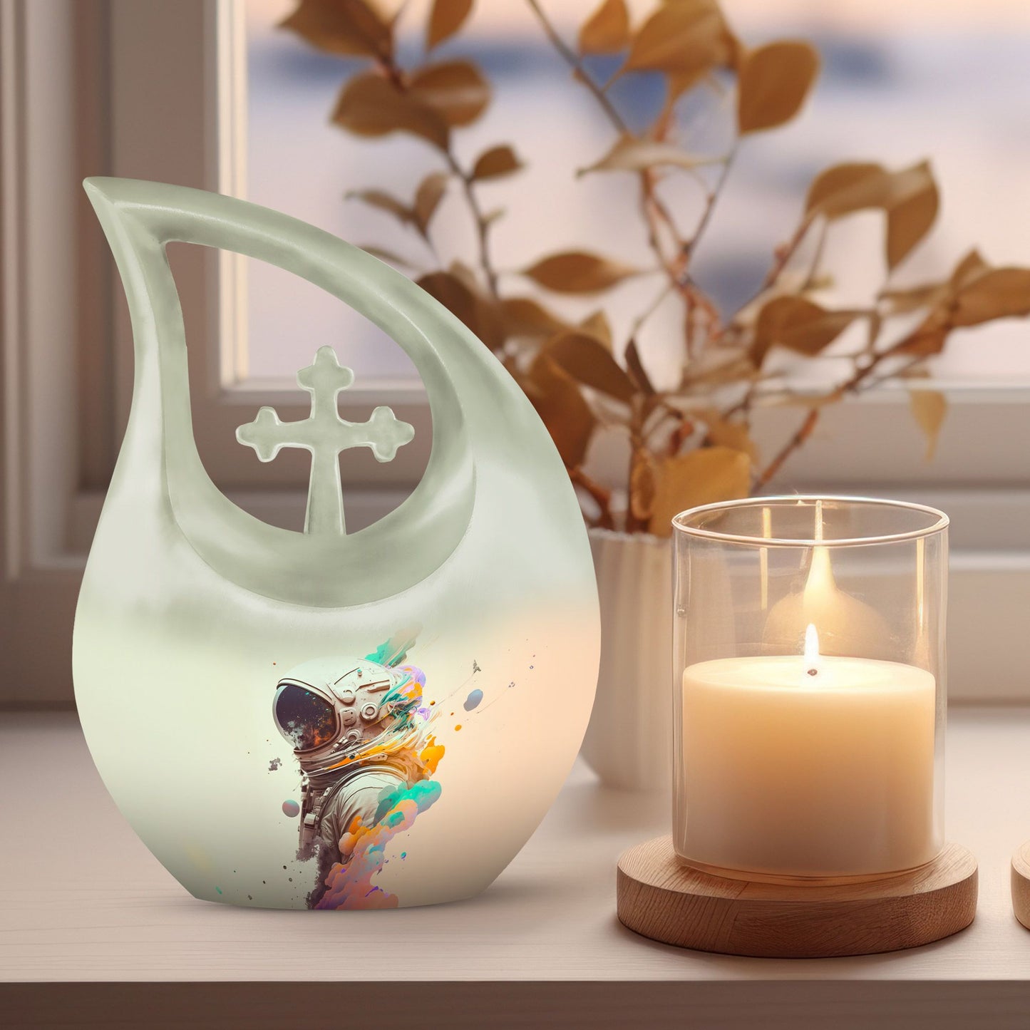10 inch Astronaut Memorial Urn with Cross Drop design, 