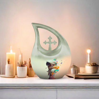 10 inch Astronaut Memorial Urn with Cross Drop design, 