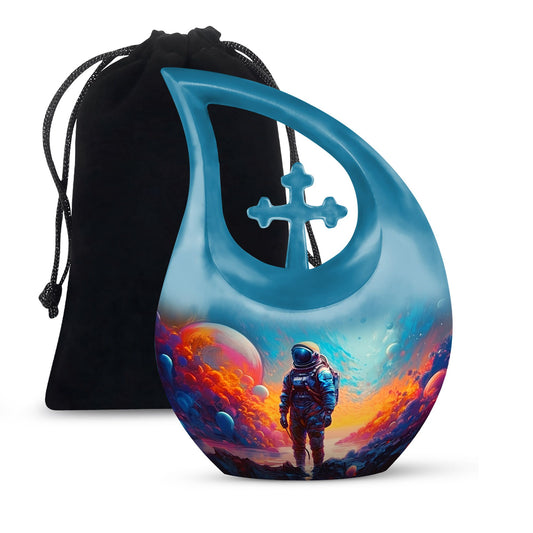 10-inch Astronaut-themed Modern Urn with Cross