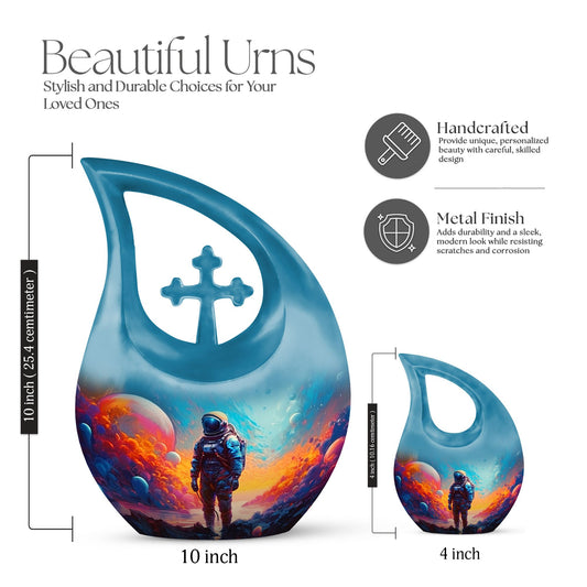 10-inch Astronaut-themed Modern Urn with Cross
