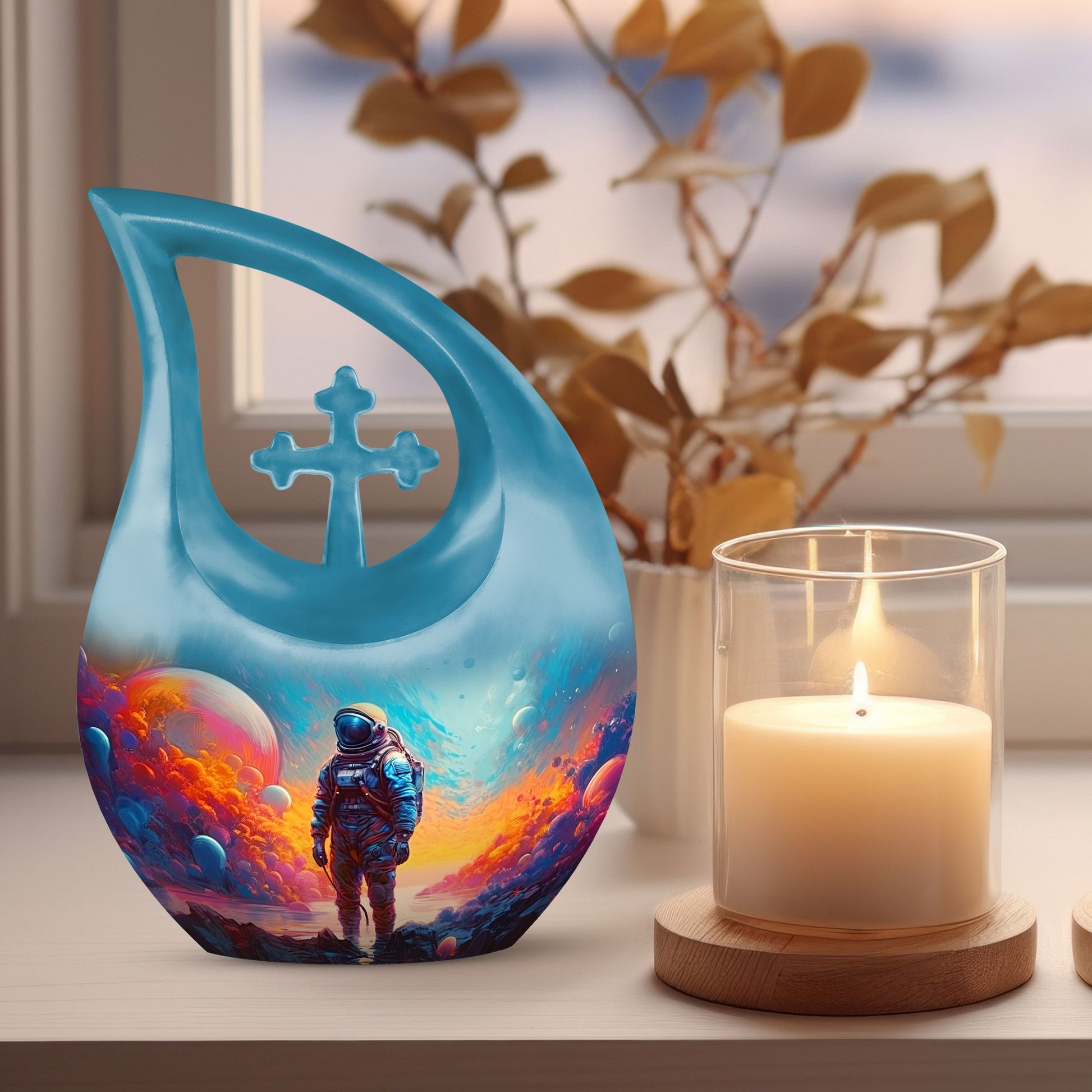 10-inch Astronaut-themed Modern Urn with Cross