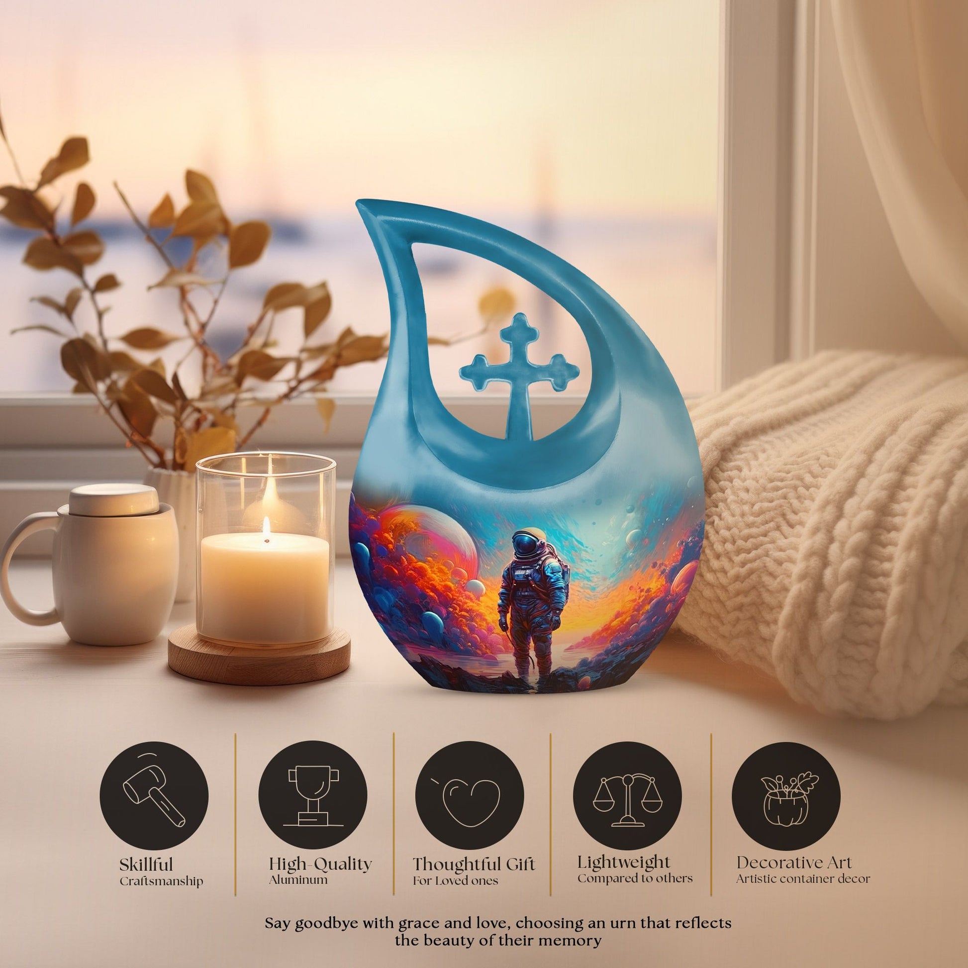 10-inch Astronaut-themed Modern Urn with Cross