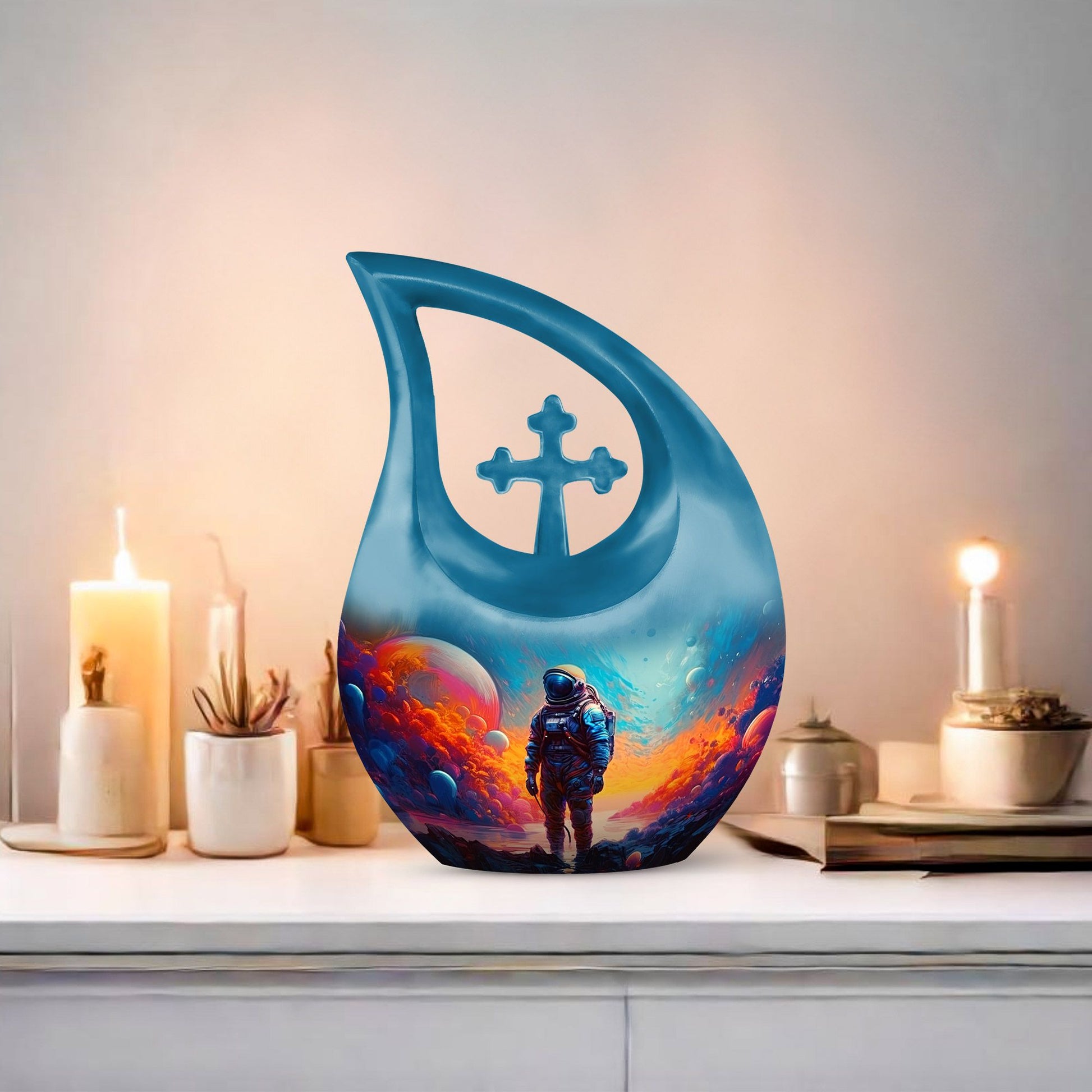 10-inch Astronaut-themed Modern Urn with Cross