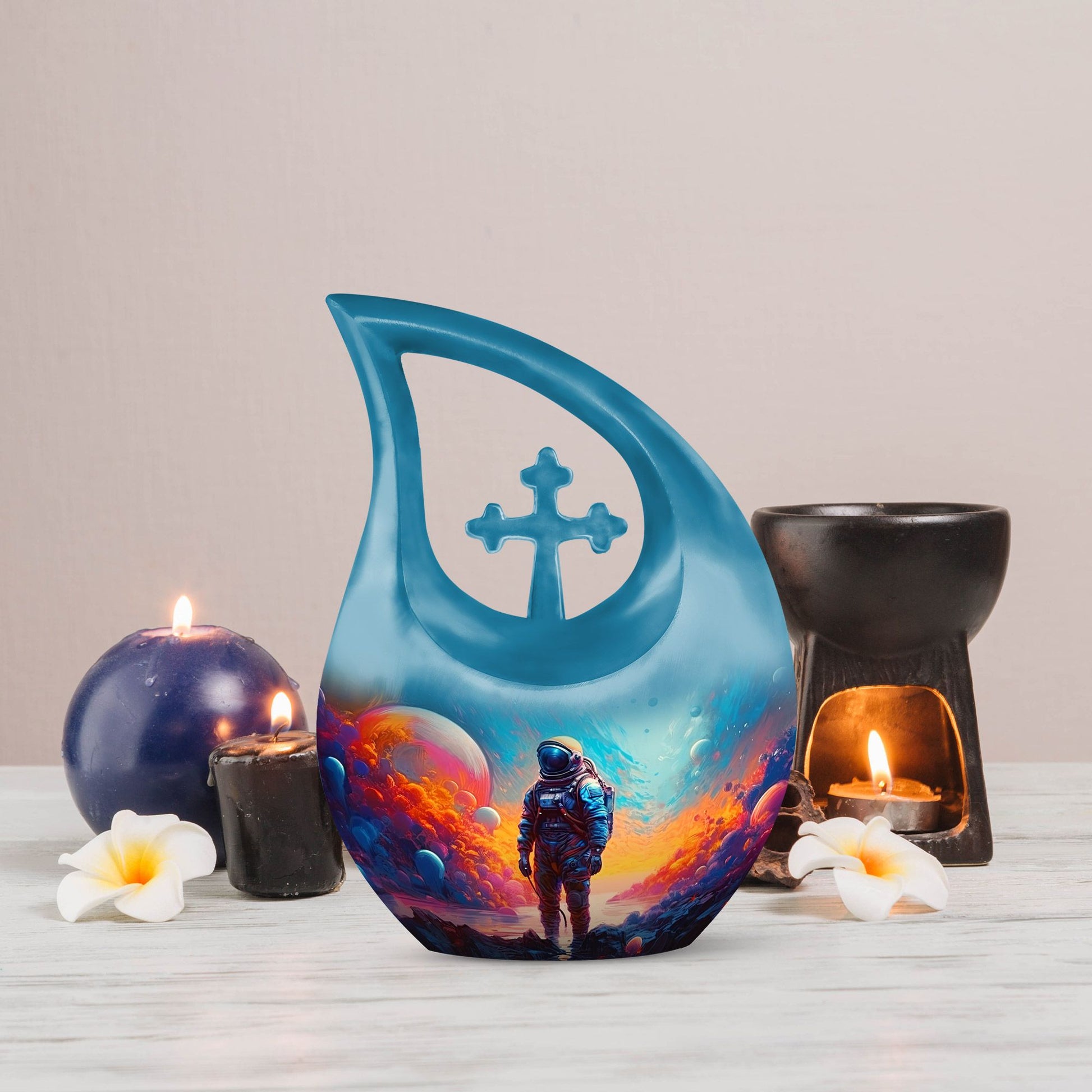 10-inch Astronaut-themed Modern Urn with Cross