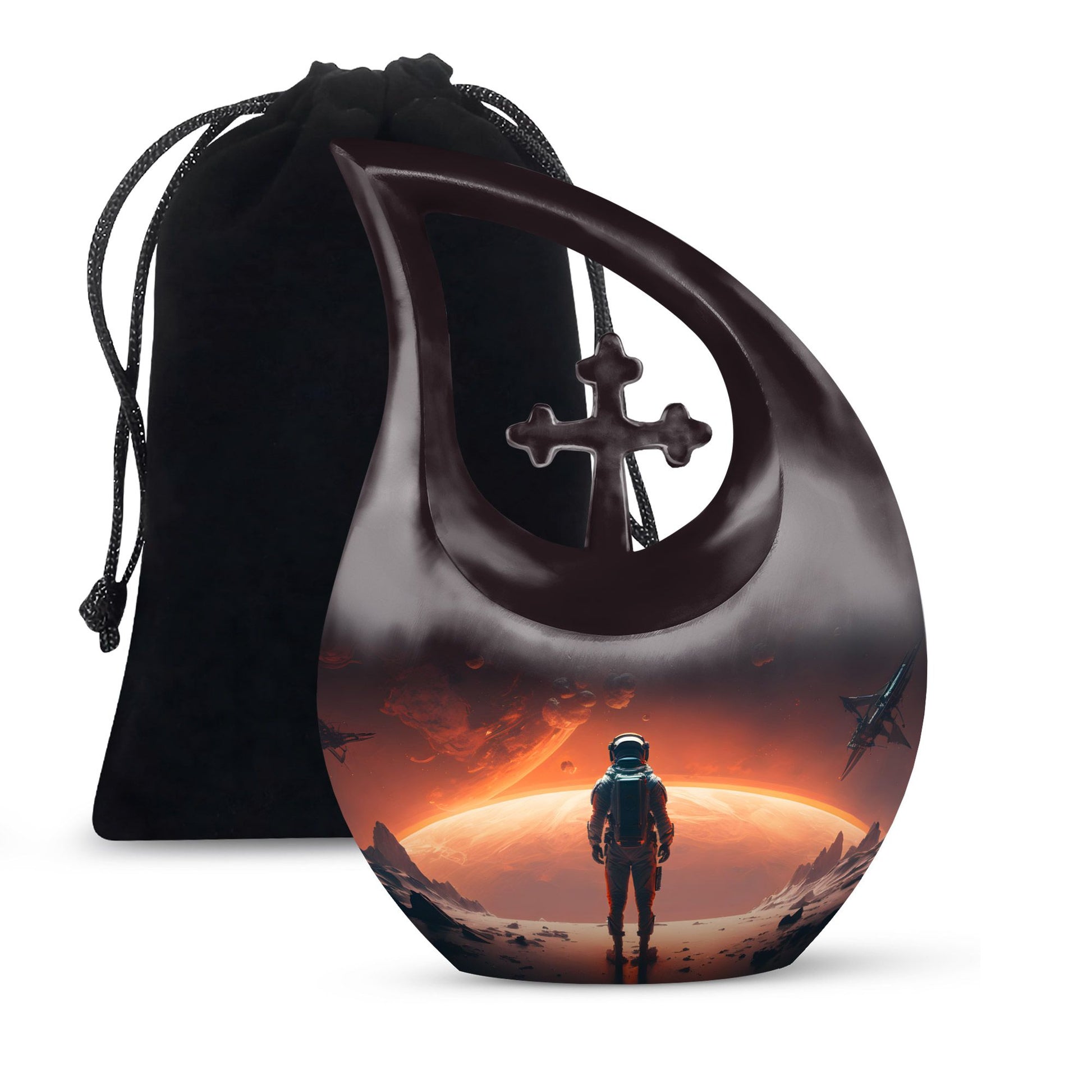10-Inch Astronaut Urn with Engravable Cross Drop Design,