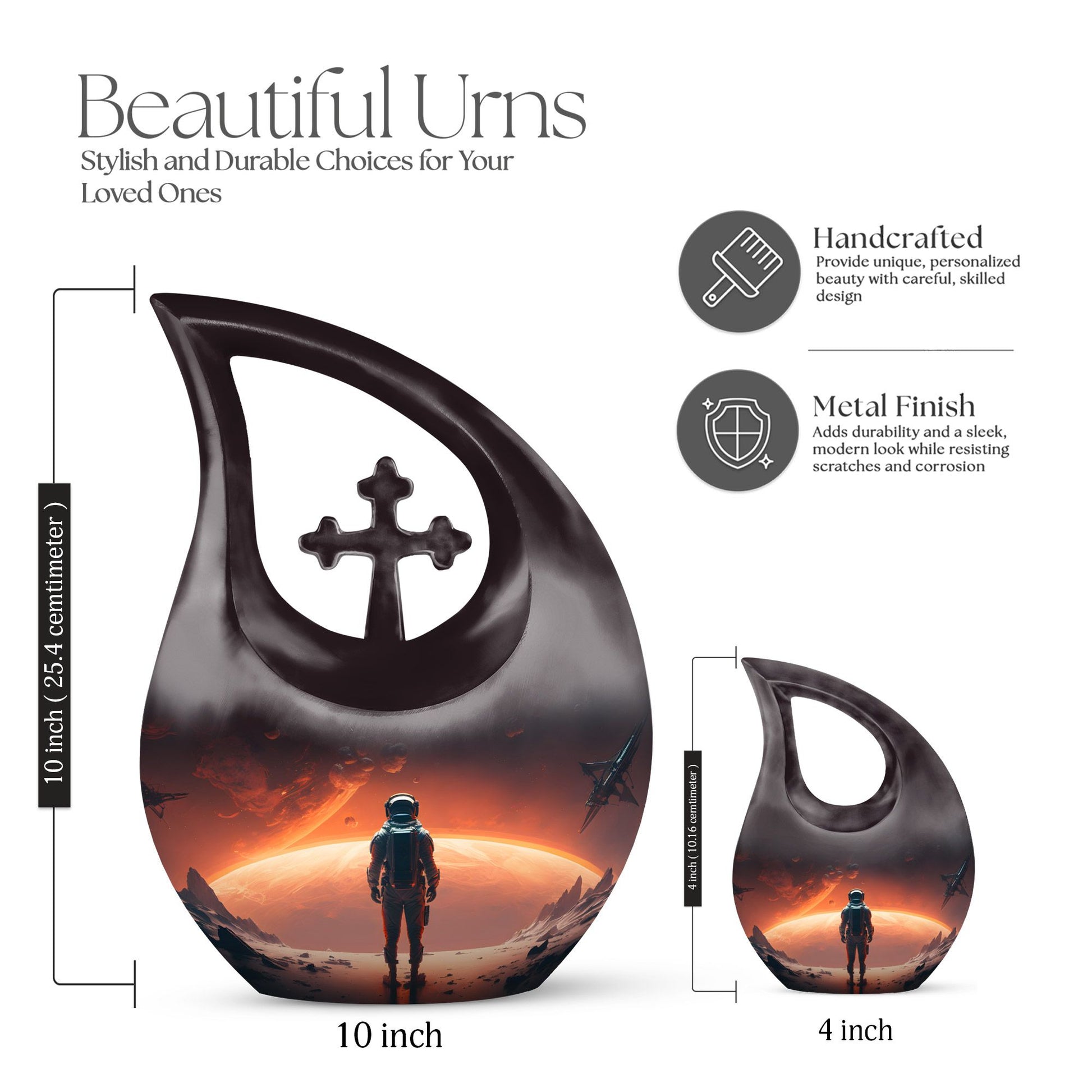 10-Inch Astronaut Urn with Engravable Cross Drop Design,