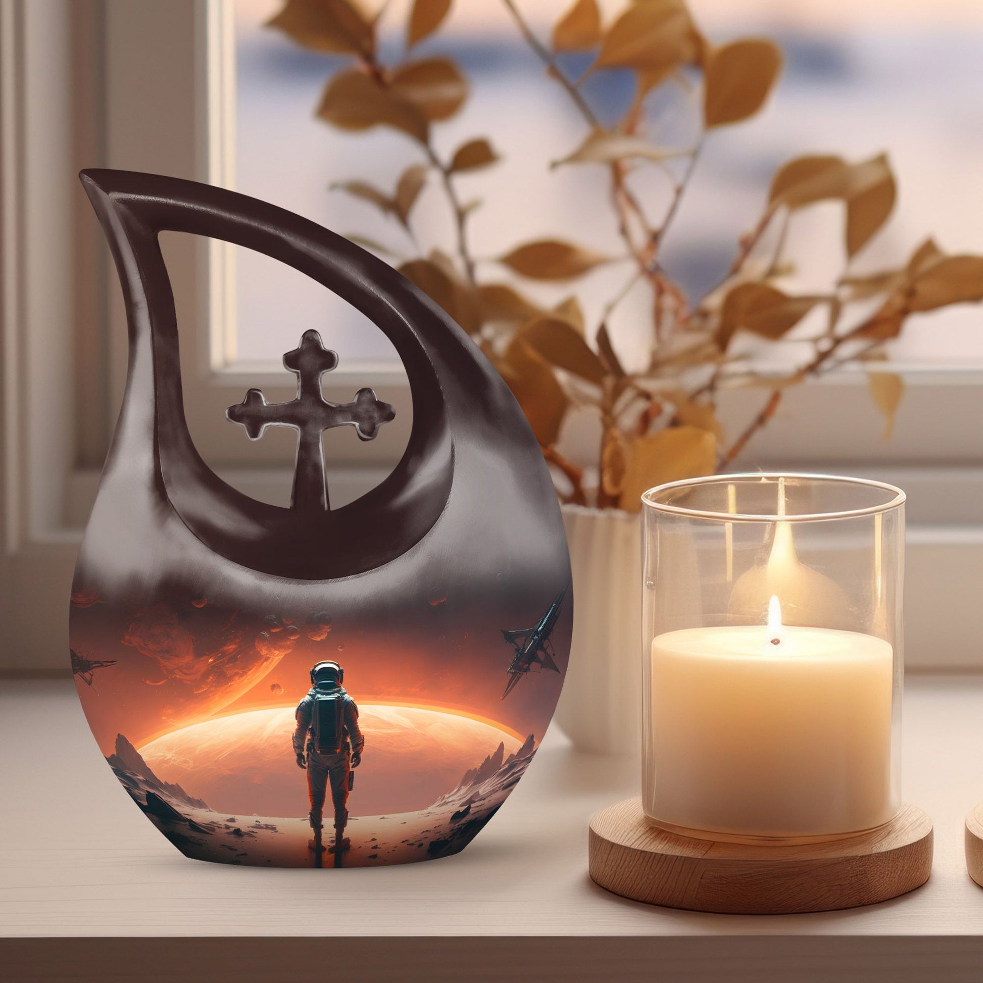 10-Inch Astronaut Urn with Engravable Cross Drop Design,