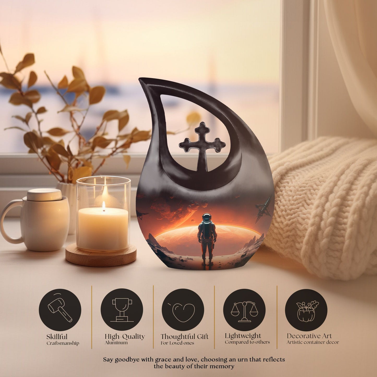 10-Inch Astronaut Urn with Engravable Cross Drop Design,