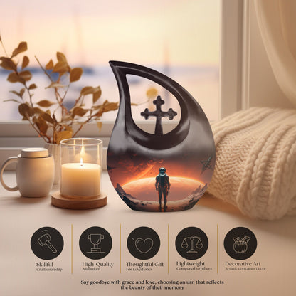 10-Inch Astronaut Urn with Engravable Cross Drop Design,
