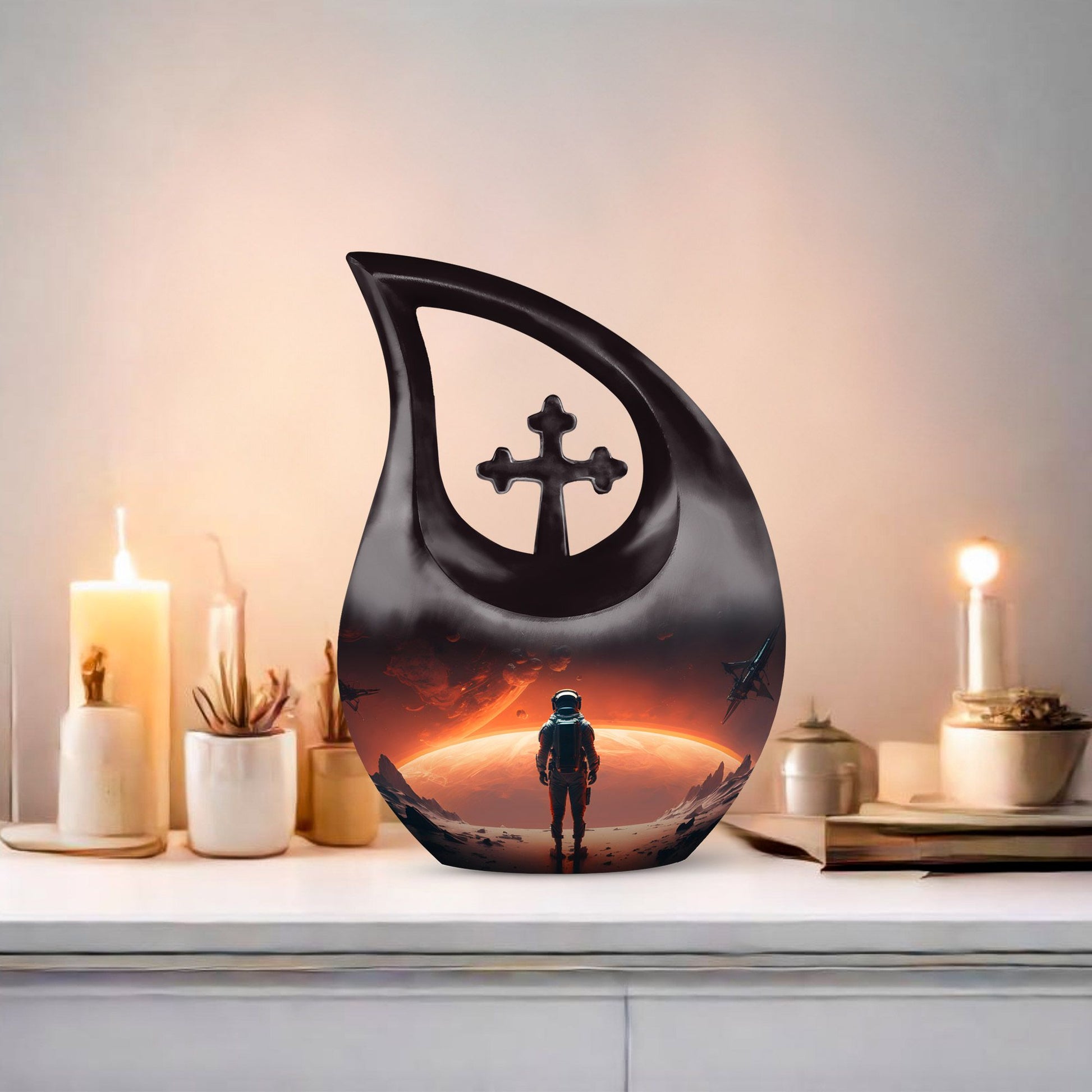 10-Inch Astronaut Urn with Engravable Cross Drop Design,