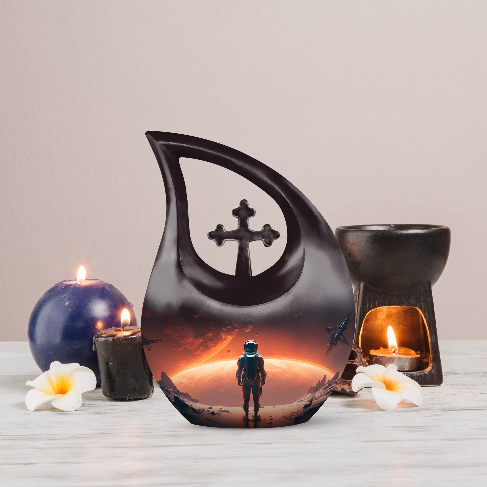 10-Inch Astronaut Urn with Engravable Cross Drop Design,
