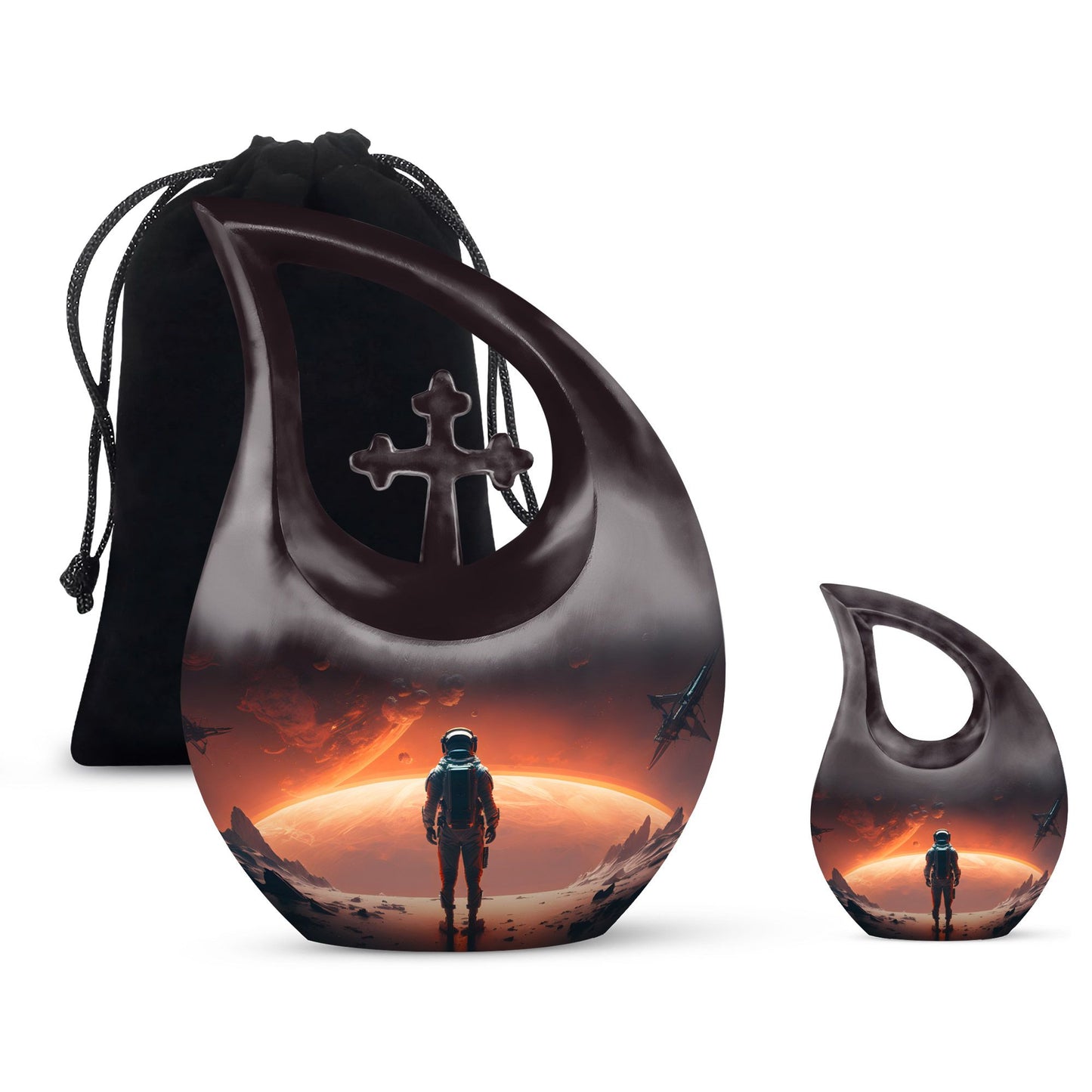 10-Inch Astronaut Urn with Engravable Cross Drop Design,