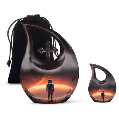 10-Inch Astronaut Urn with Engravable Cross Drop Design,