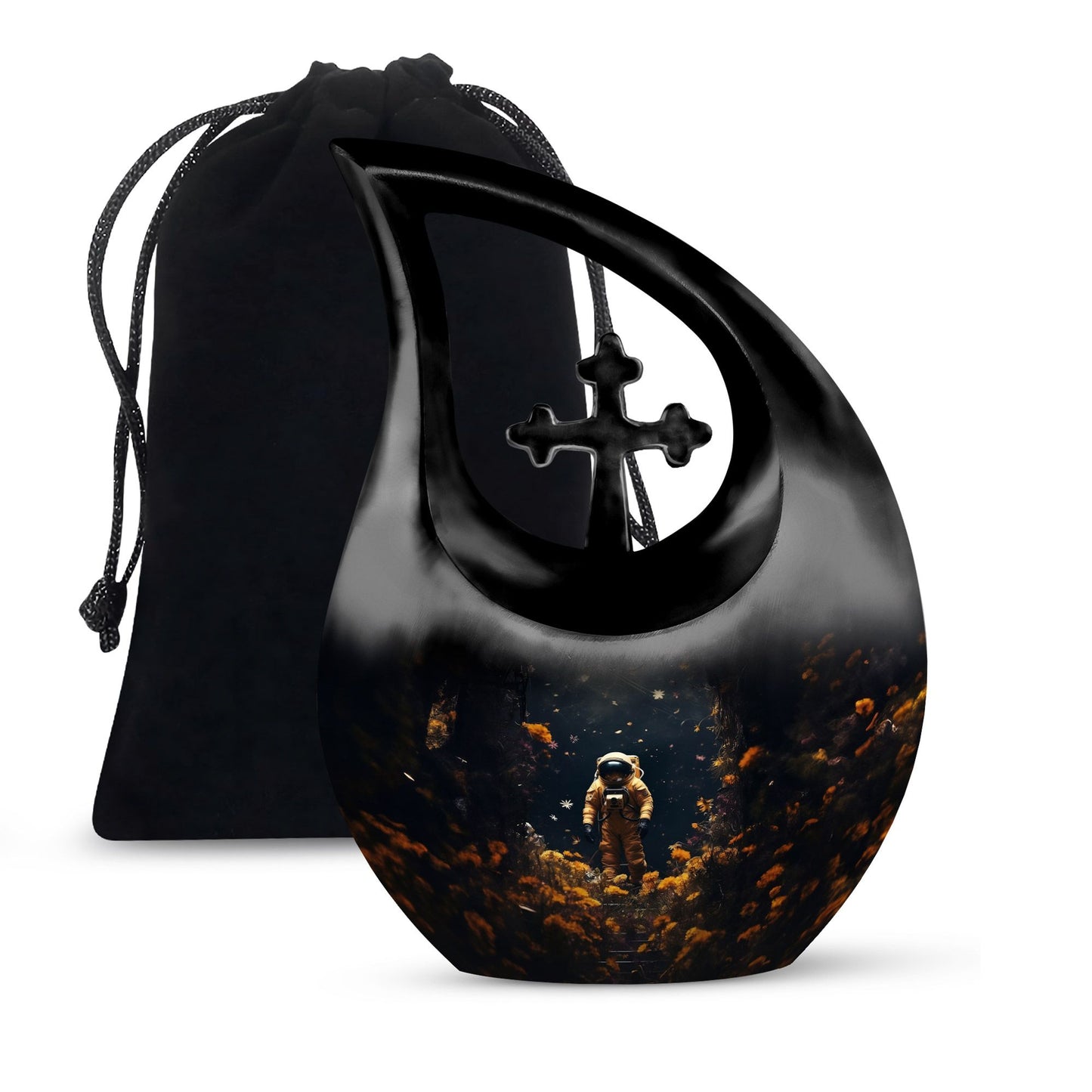 10-inch astronaut urn with cross drop design,