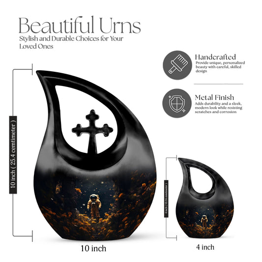 10-inch astronaut urn with cross drop design,
