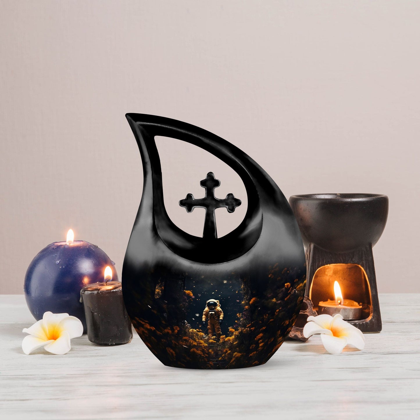 10-inch astronaut urn with cross drop design,