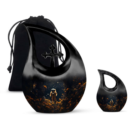 10-inch astronaut urn with cross drop design,