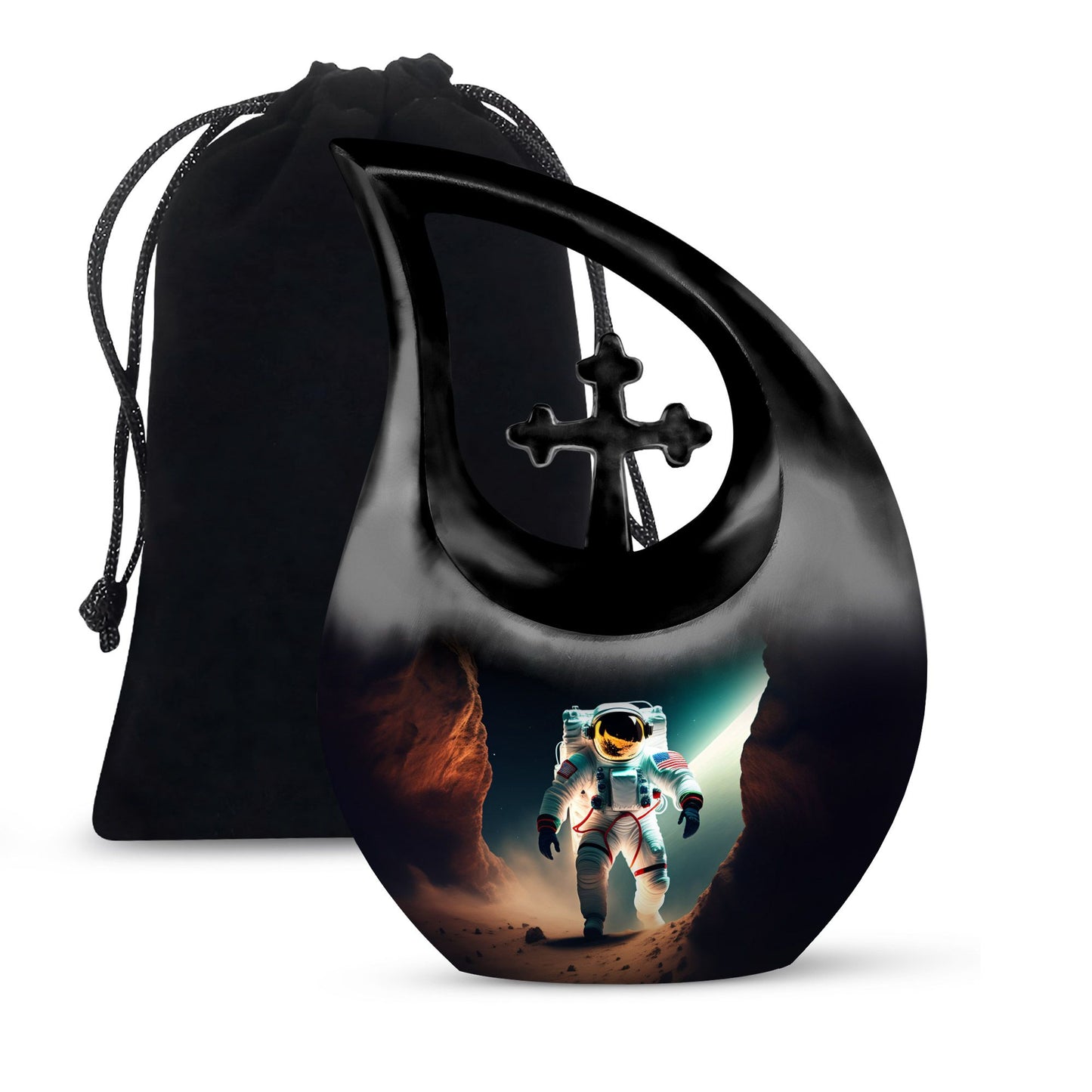 10-inch Astronaut-themed Marble Urn with Cross Drop design, customized engraving option