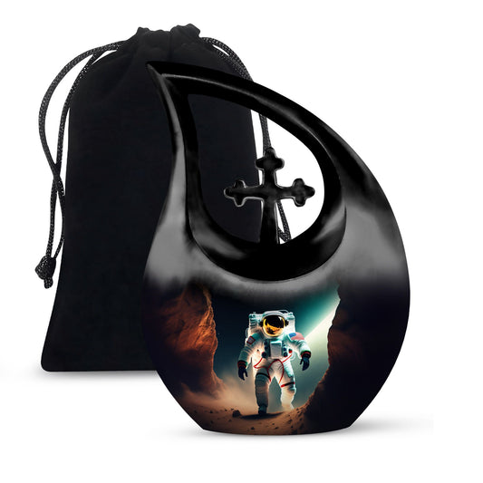 10-inch Astronaut-themed Marble Urn with Cross Drop design, customized engraving option