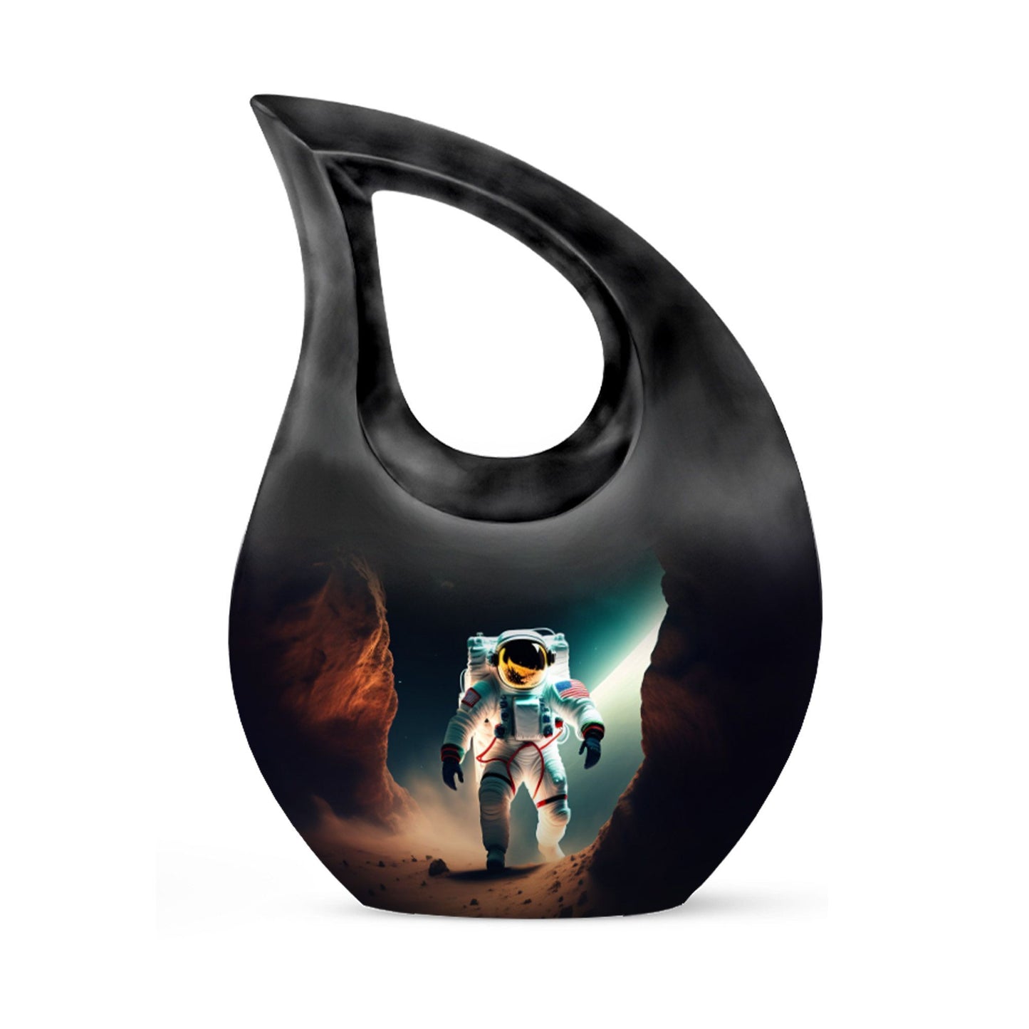 10-inch Astronaut-themed Marble Urn with Cross Drop design, customized engraving option