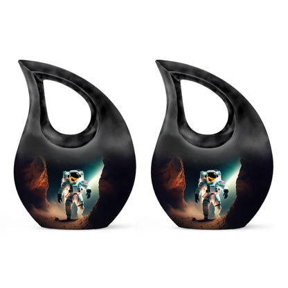 10-inch Astronaut-themed Marble Urn with Cross Drop design, customized engraving option