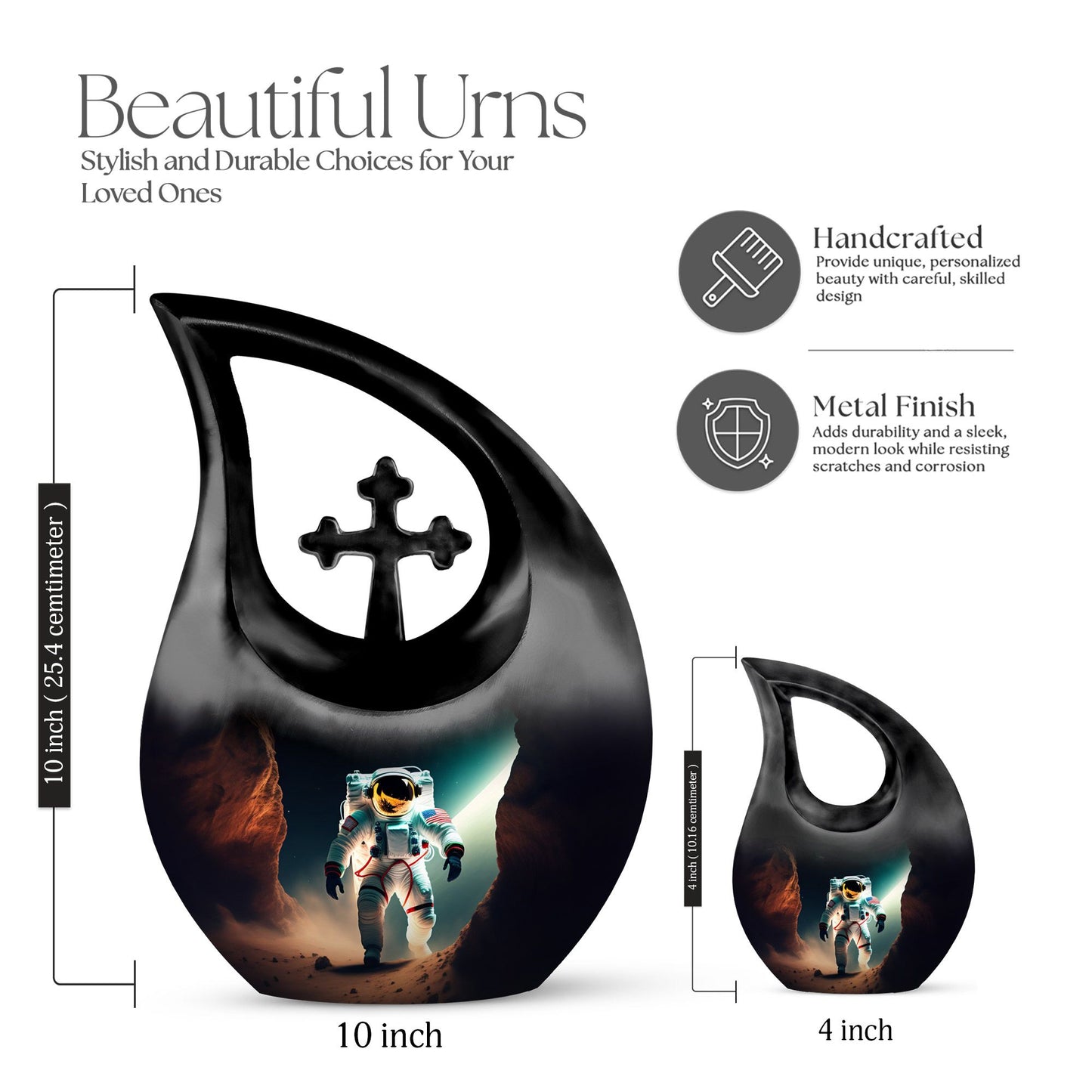 10-inch Astronaut-themed Marble Urn with Cross Drop design, customized engraving option