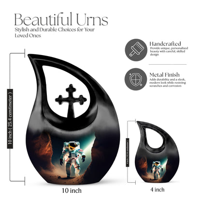 10-inch Astronaut-themed Marble Urn with Cross Drop design, customized engraving option