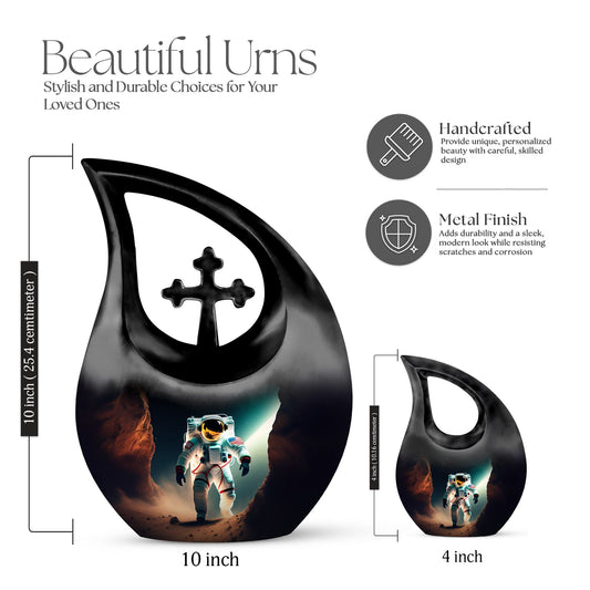 10-inch Astronaut-themed Marble Urn with Cross Drop design, customized engraving option