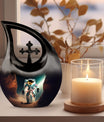 10-inch Astronaut-themed Marble Urn with Cross Drop design, customized engraving option