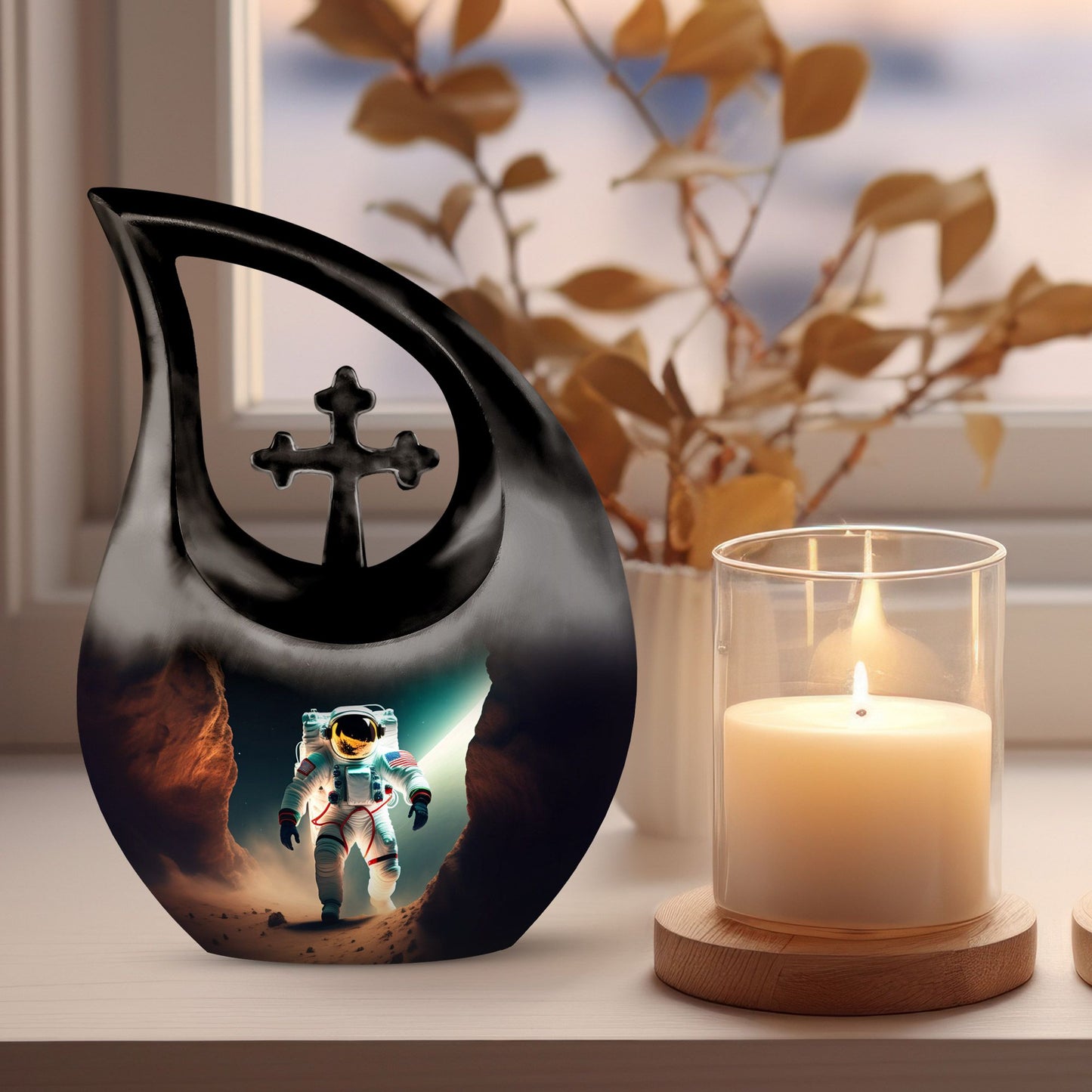 10-inch Astronaut-themed Marble Urn with Cross Drop design, customized engraving option
