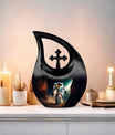 10-inch Astronaut-themed Marble Urn with Cross Drop design, customized engraving option