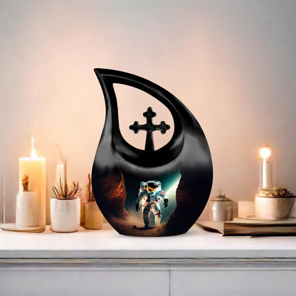 10-inch Astronaut-themed Marble Urn with Cross Drop design, customized engraving option