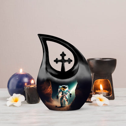 10-inch Astronaut-themed Marble Urn with Cross Drop design, customized engraving option