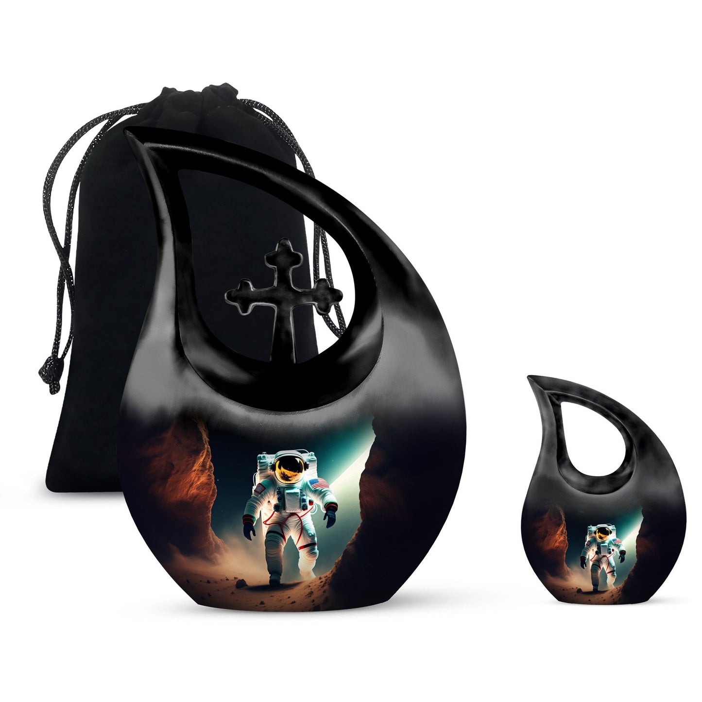 10-inch Astronaut-themed Marble Urn with Cross Drop design, customized engraving option