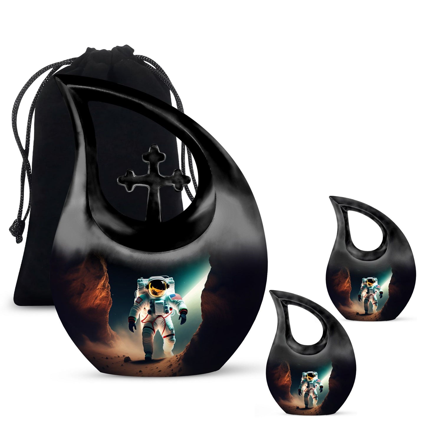 10-inch Astronaut-themed Marble Urn with Cross Drop design, customized engraving option