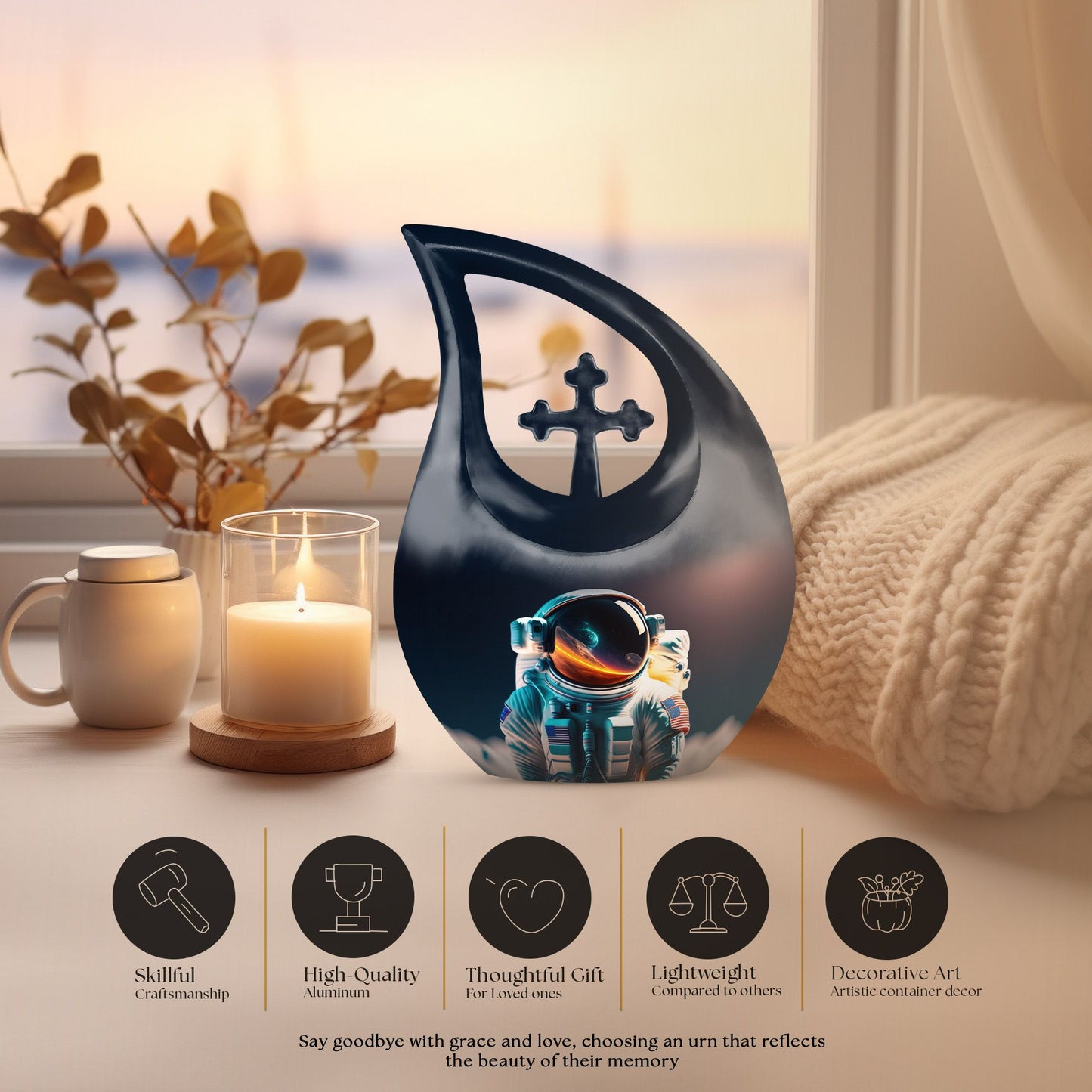 10-inch Astronaut-themed Biodegradable Urn with Cross Drop 