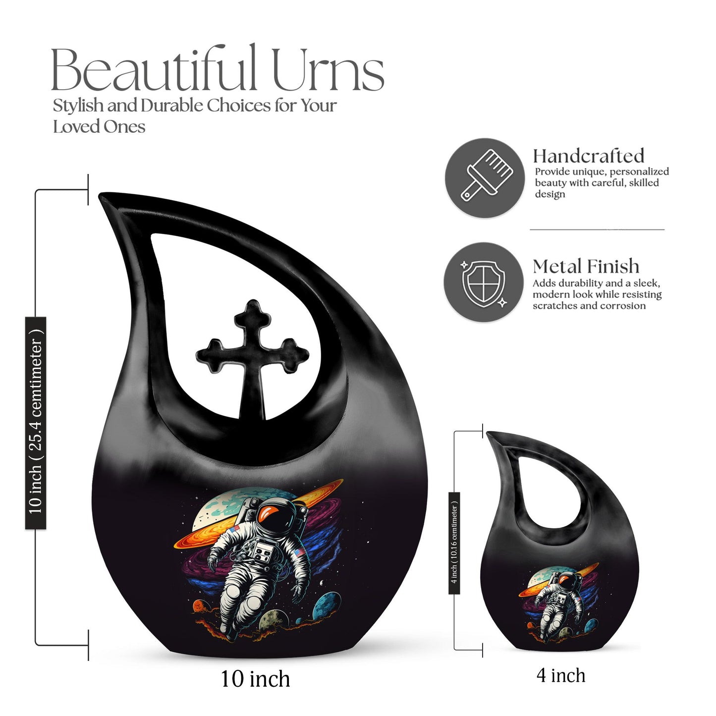 10-inch Astronaut urn featuring cross drop design, 