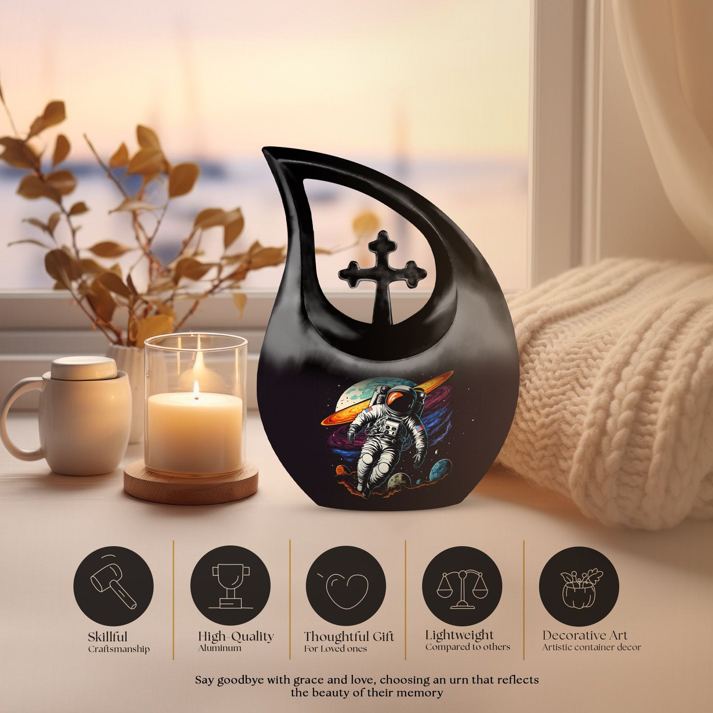 10-inch Astronaut urn featuring cross drop design, 