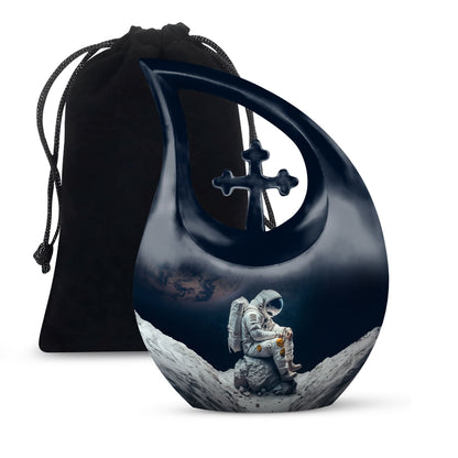 Astronaut themed, Cross Drop design, aluminum urn 
