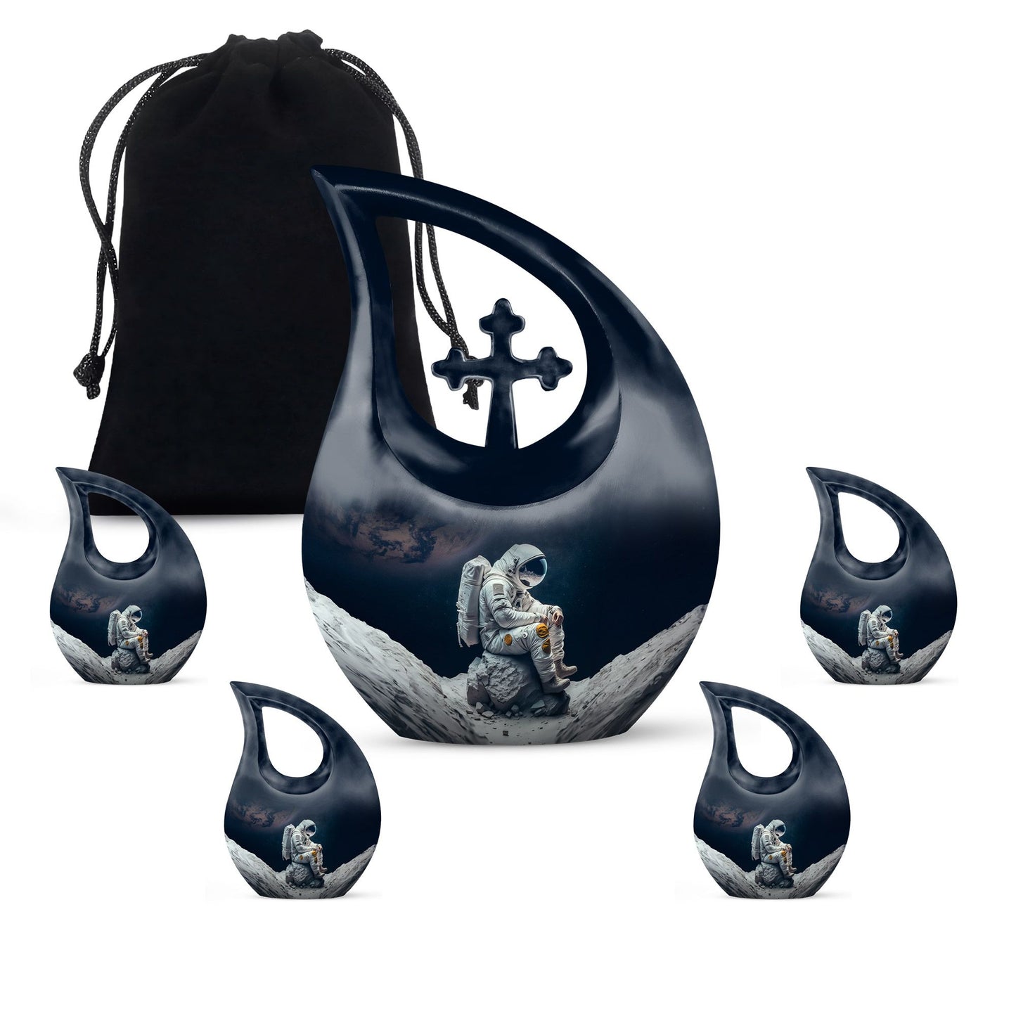 Astronaut themed, Cross Drop design, aluminum urn 