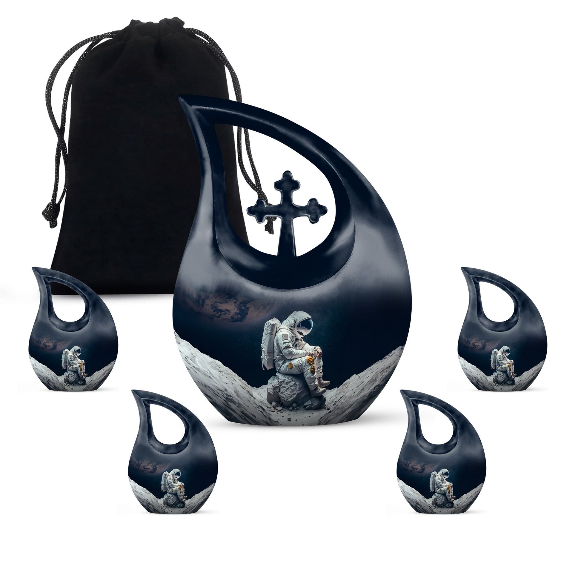 Astronaut themed, Cross Drop design, aluminum urn 