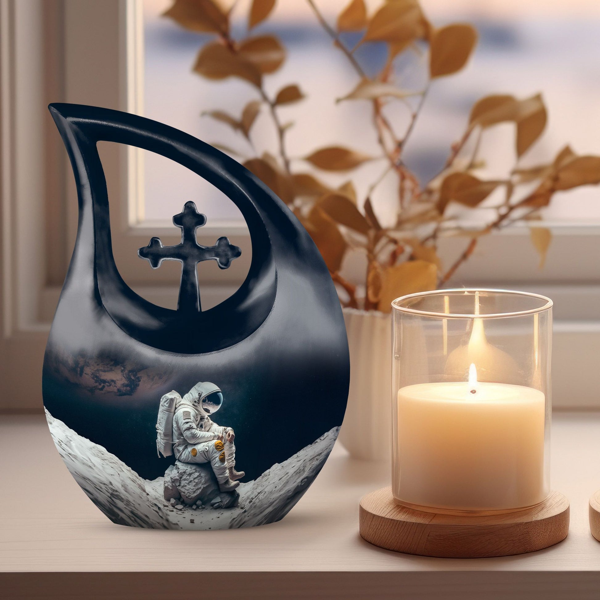 Astronaut themed, Cross Drop design, aluminum urn 