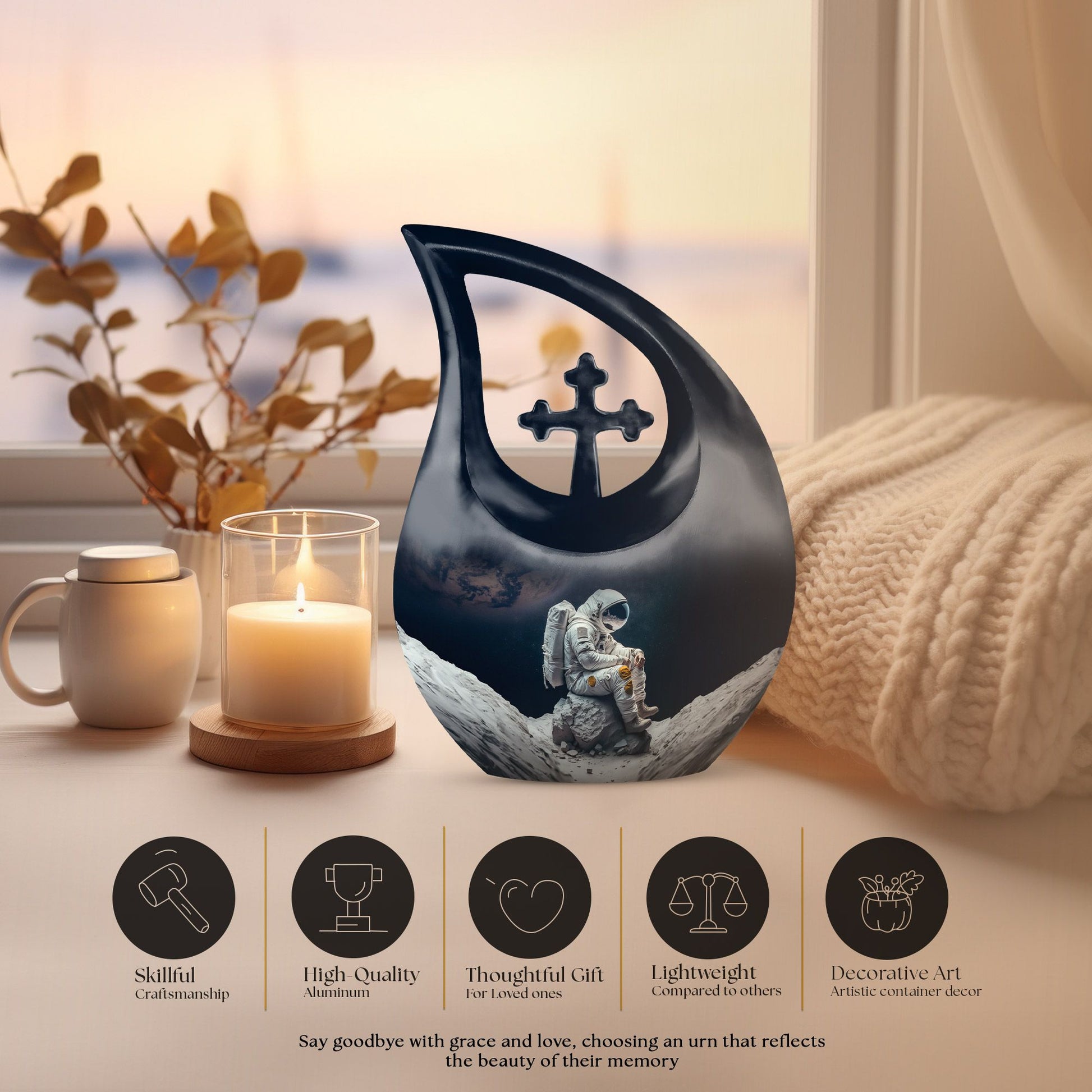 Astronaut themed, Cross Drop design, aluminum urn 