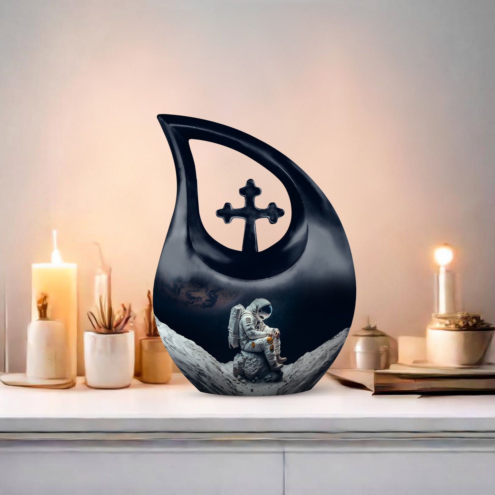 Astronaut themed, Cross Drop design, aluminum urn 