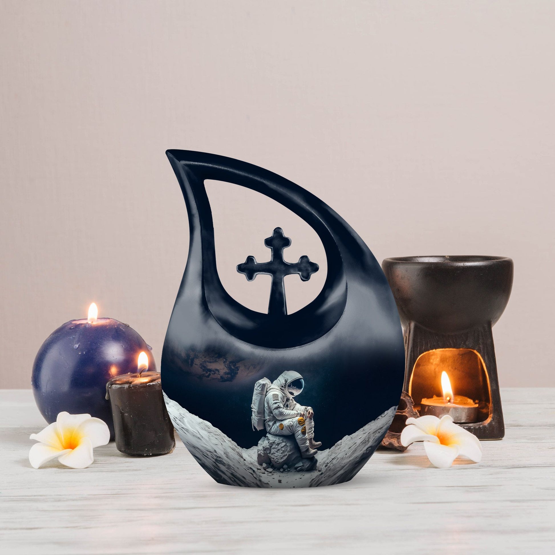 Astronaut themed, Cross Drop design, aluminum urn 