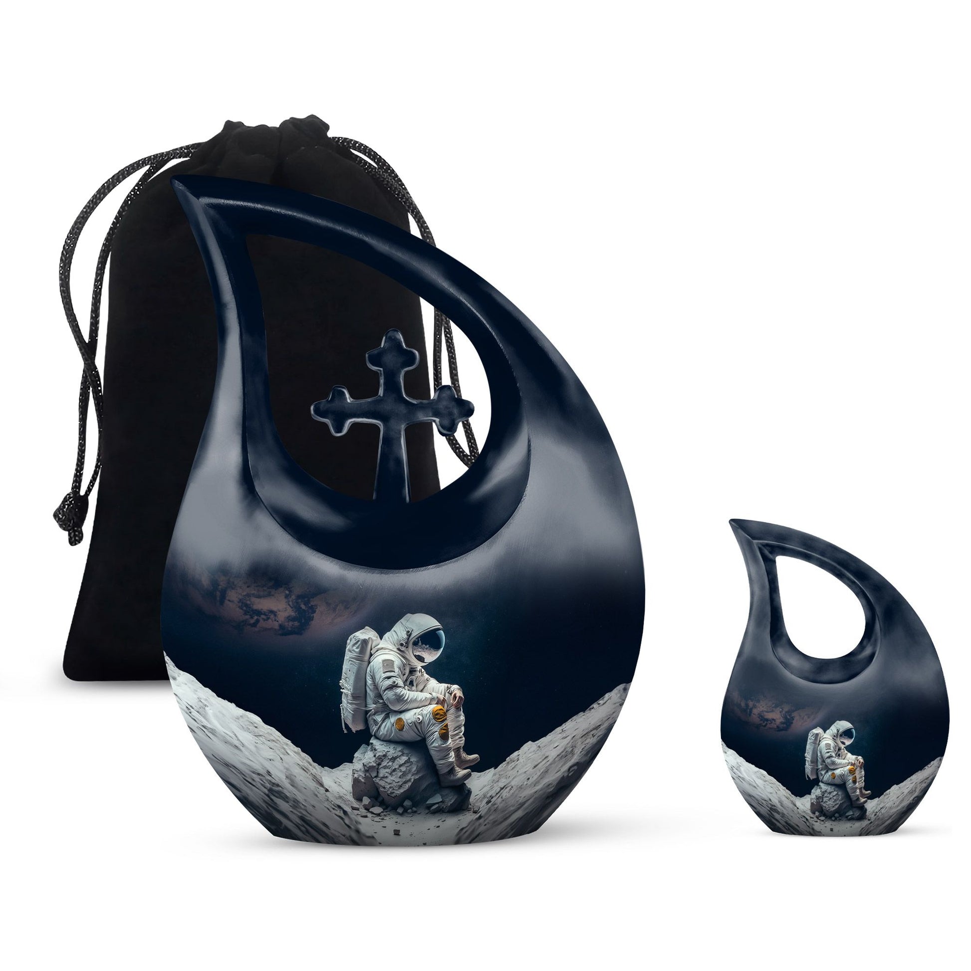 Astronaut themed, Cross Drop design, aluminum urn 